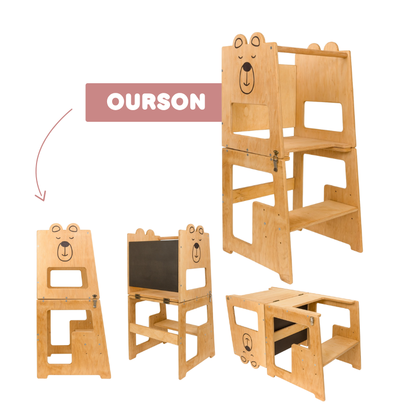 Meuble évolutif 3 en 1 – Tour d'observation, Bureau, Tableau Ardoise - 18 mois à 6 ans